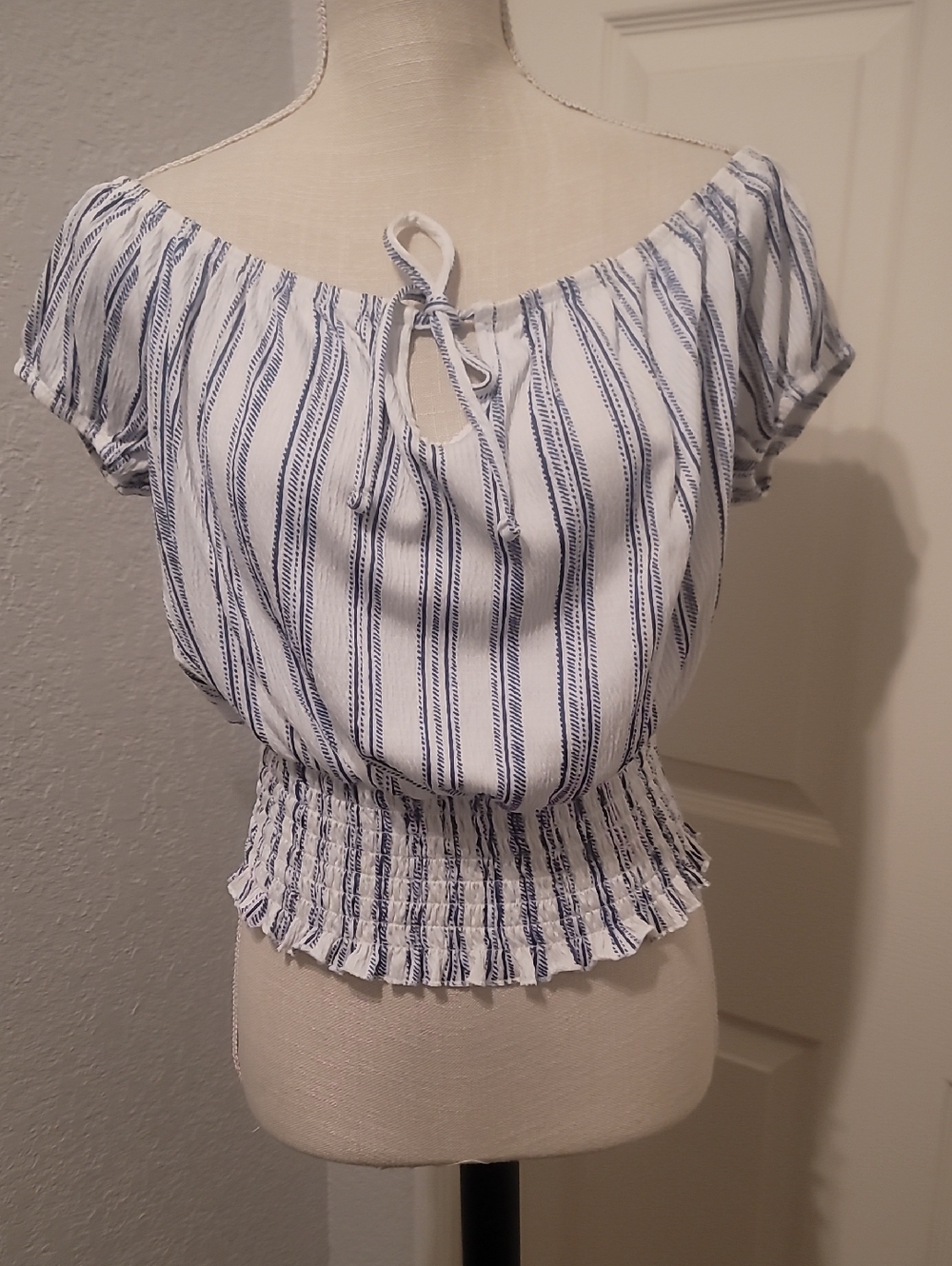 Rue21 White & Blue Striped Off-Shoulder Smocked Waist Top